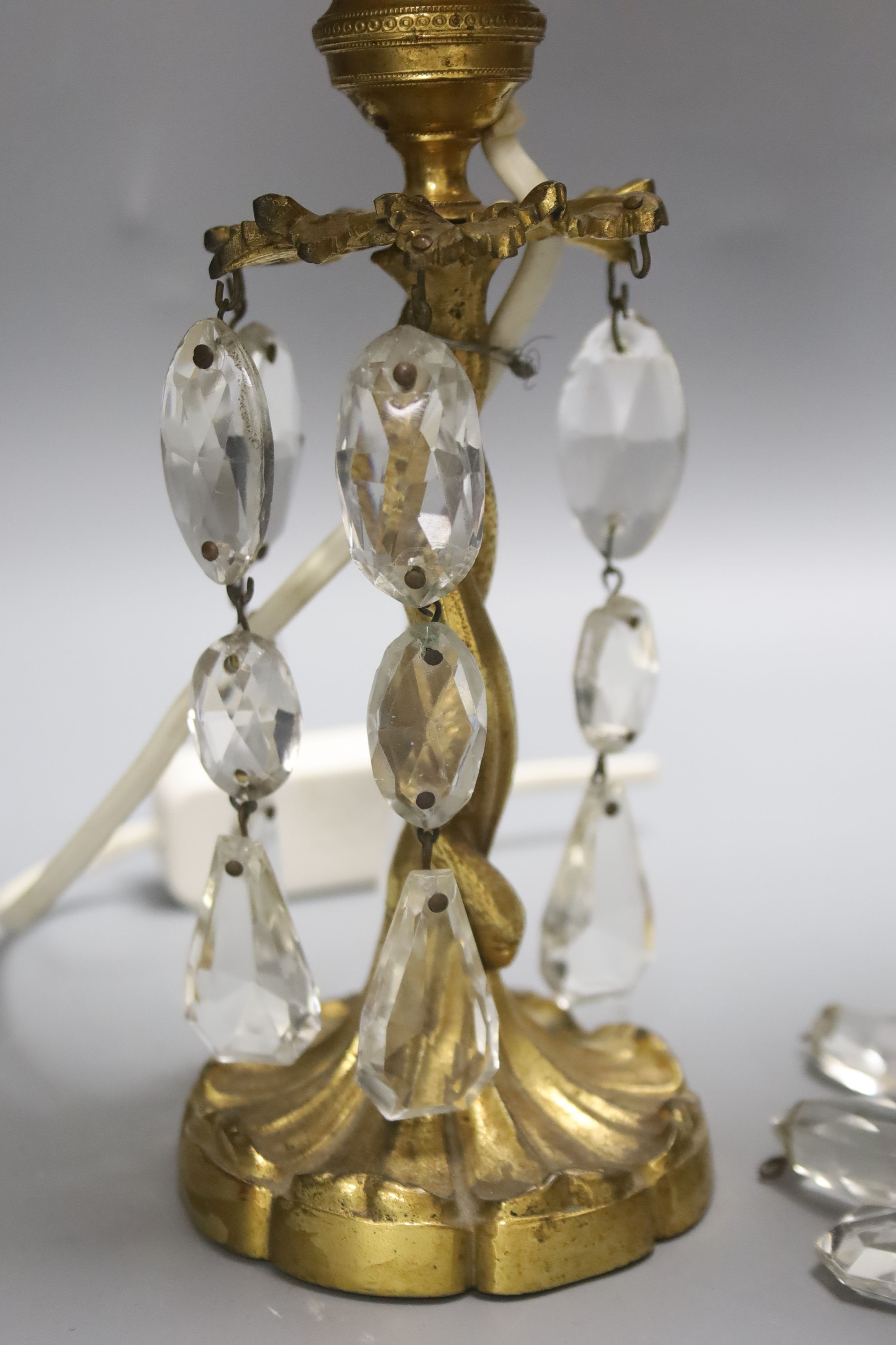 A pair of ormolu table lamps with cut crystal decoration 19cm excluding fittings